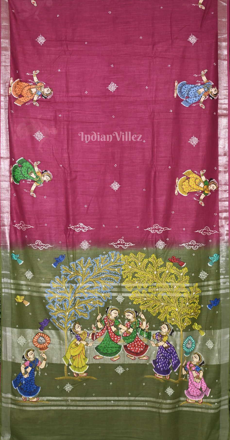 Maroon Mehendi Green raja Doli Theme Hand-Painted Pattachitra Saree 