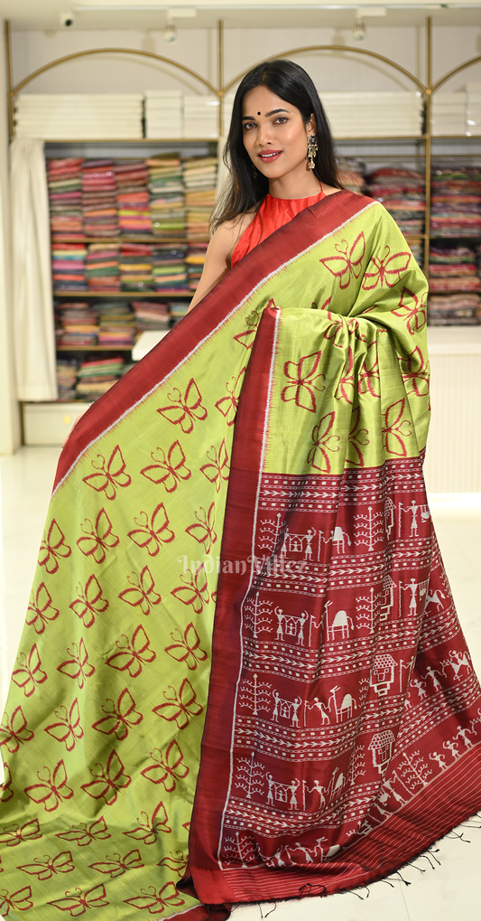 Apple Green Butterfly Design Contemporary Silk Saree