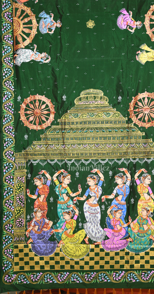 Green Orange Nartaki Konark Temple Hand-Painted Pattachitra Saree 