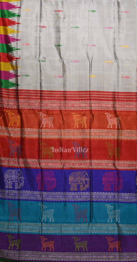 Powder Blue with Multi Colour Fish Motif Double Pallu Berhampuri Silk Saree 