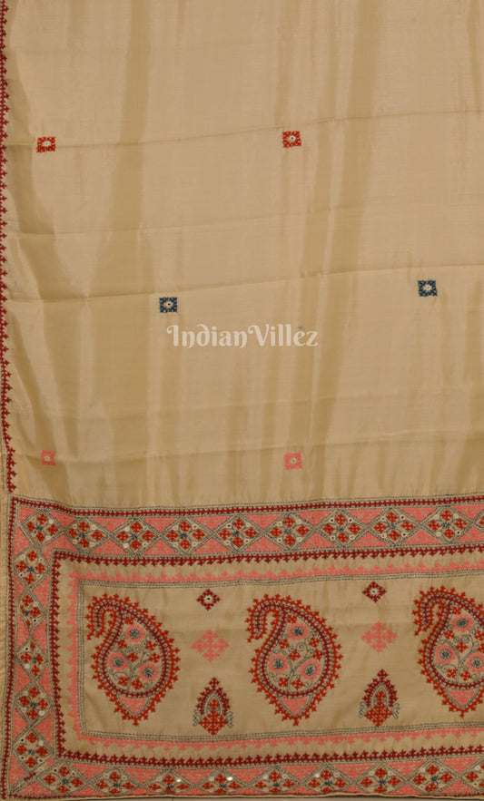 Cream Thread Work Hand Embroidery Kutch Work Silk Saree