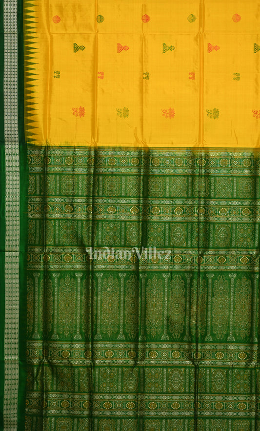 Yellow Green Jhoti Theme Odisha Ikat Bomkai Sambalpuri Silk Saree 