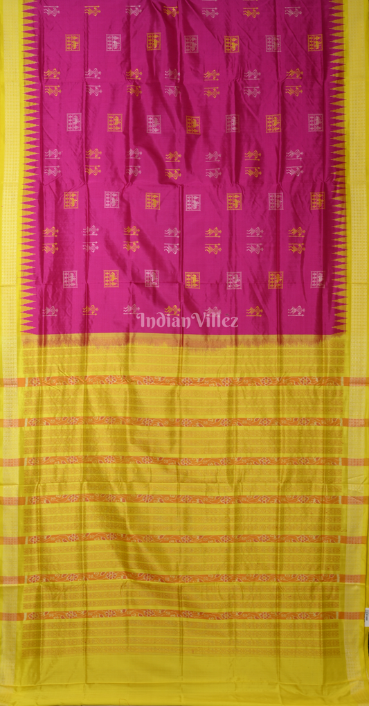 Rani Pink Yellow Tribal Motif Tussar Silk Saree with Sarabandha Anchal