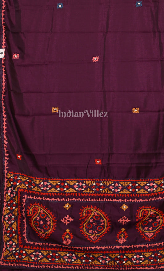Plum Purple Thread Work Hand Embroidery Kutch Work Silk Saree