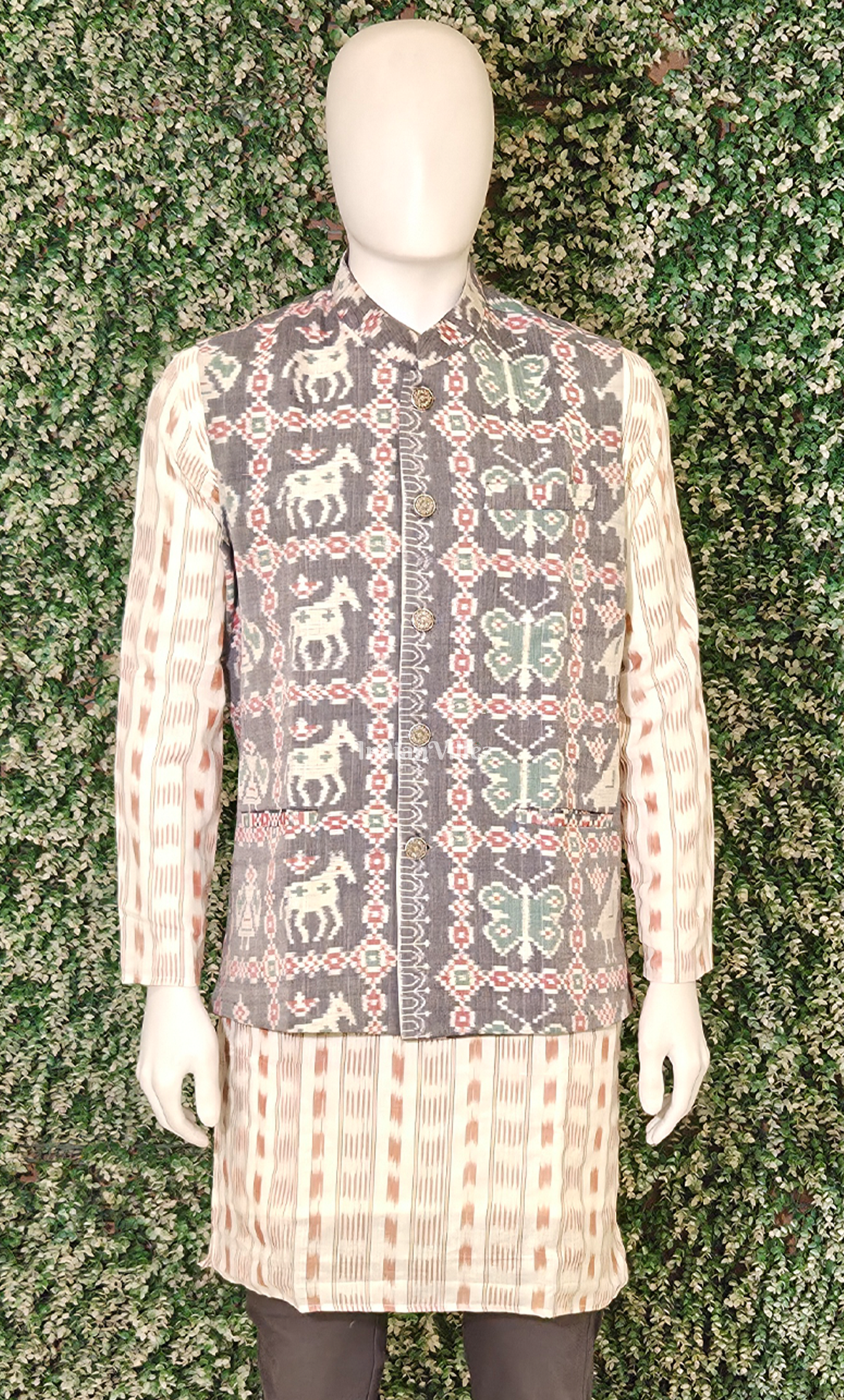 Grey Animal Theme Odisha Ikat Half Bandi Jacket for Men 