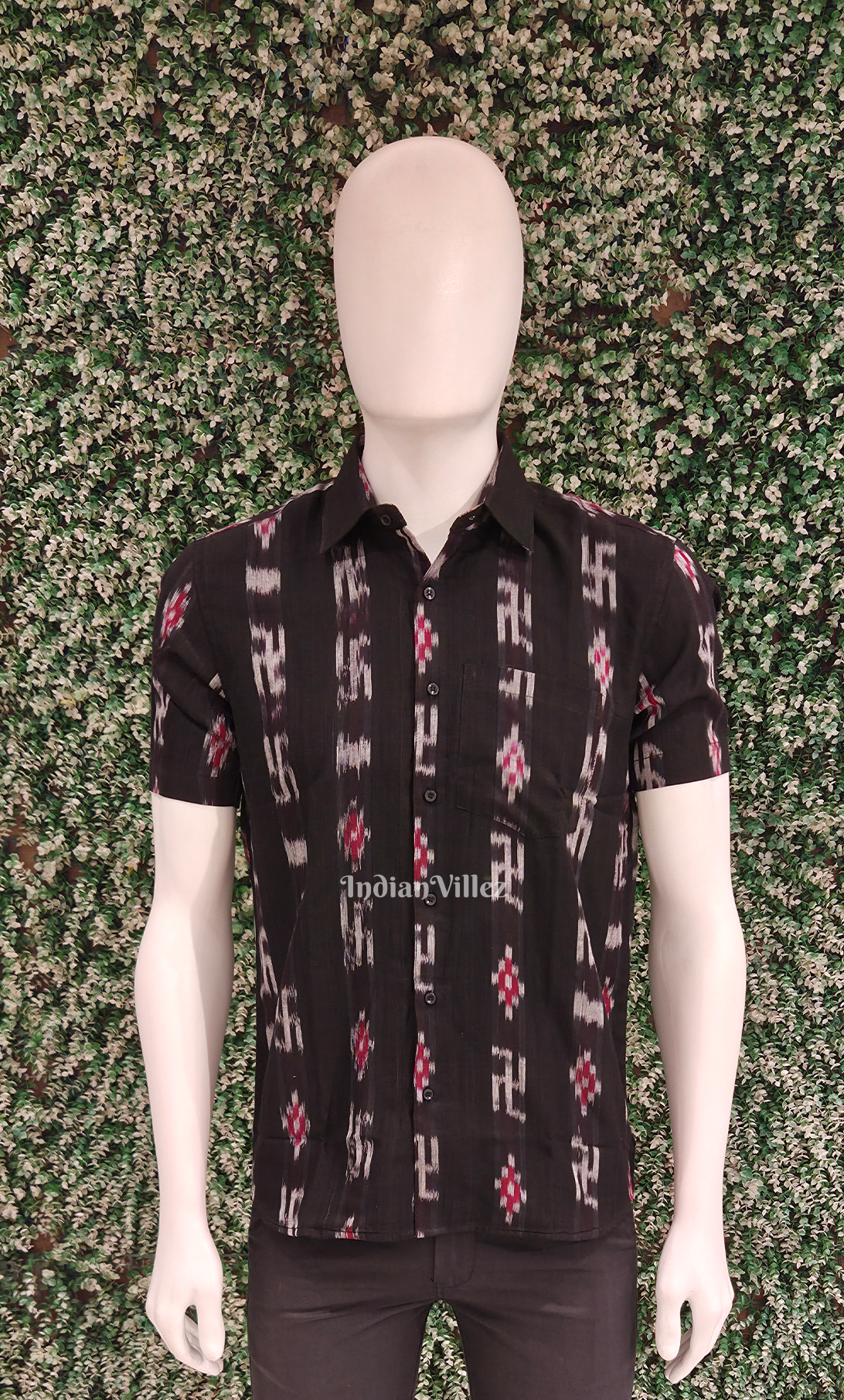 Black Maroon Swastik Odisha Ikat Cotton Half Sleeve Shirt for Men 