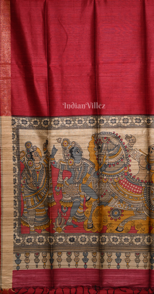 Maroon Beige Tussar Silk Saree 