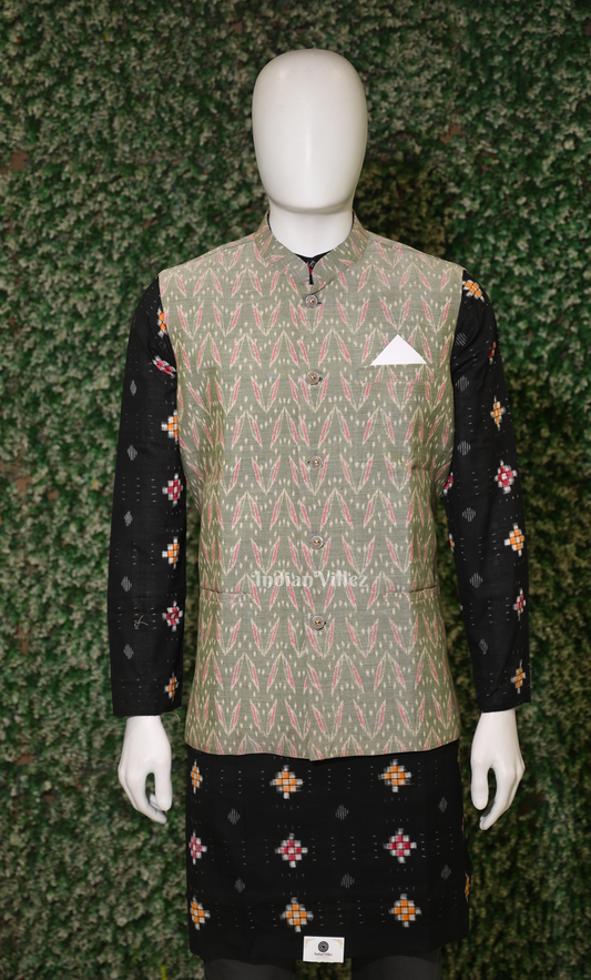 Sage Green Leaf Motif Odisha Ikat Half Bandi Jacket for Men