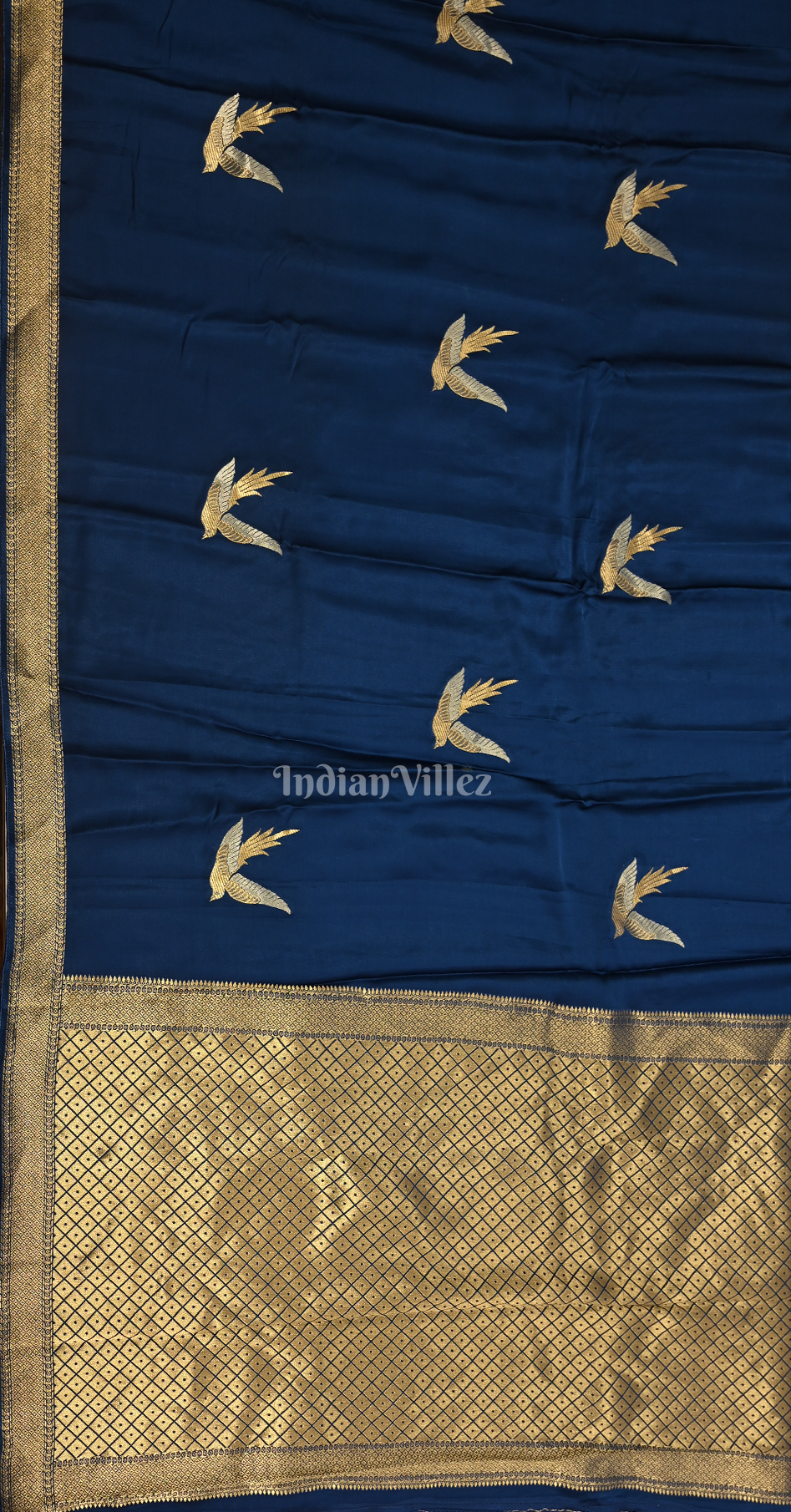 Blue Red Bird Motif Pure Satin Crepe Silk Banarasi Saree 