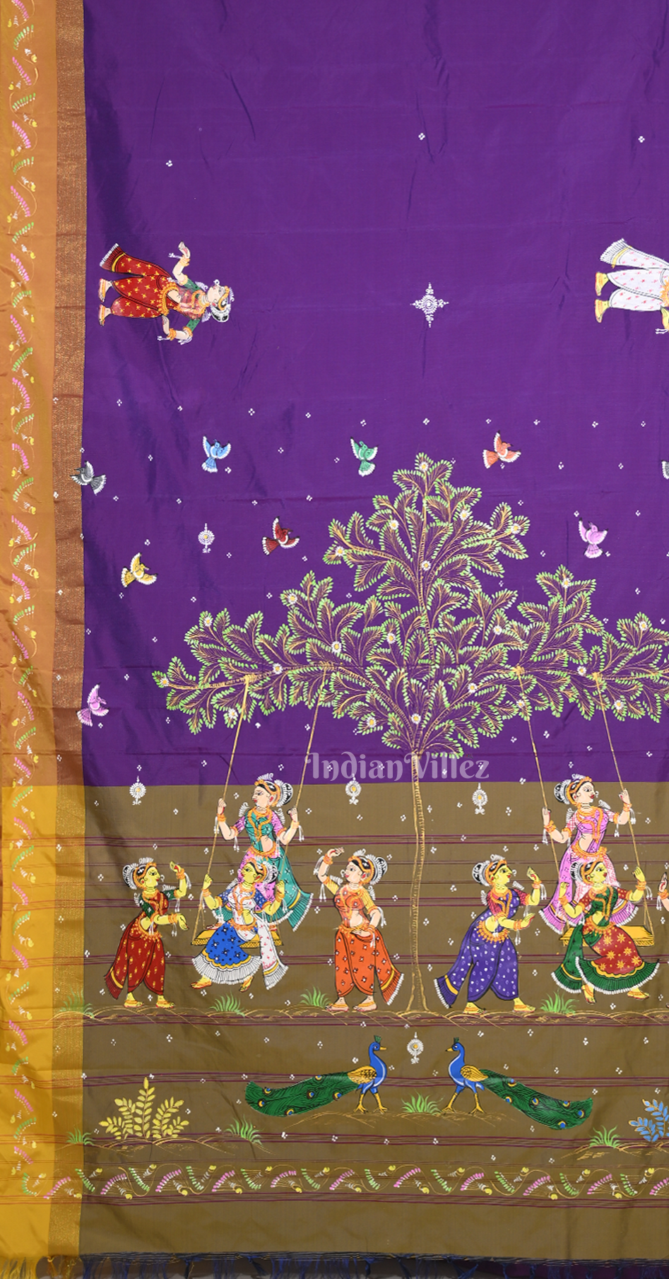 Purple Mustrad Yellow Raja Doli Theme Hand-Painted Pattachitra Saree