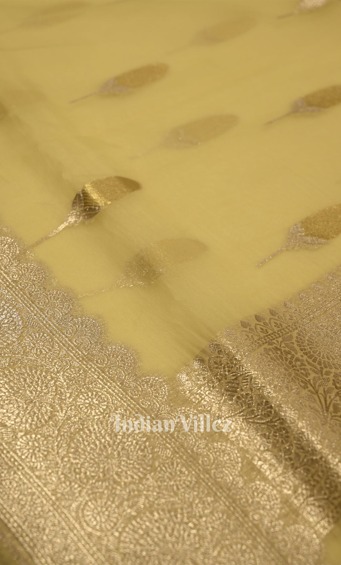 Light Yellow Leaf Motif Chanderi Silk Banarasi Saree
