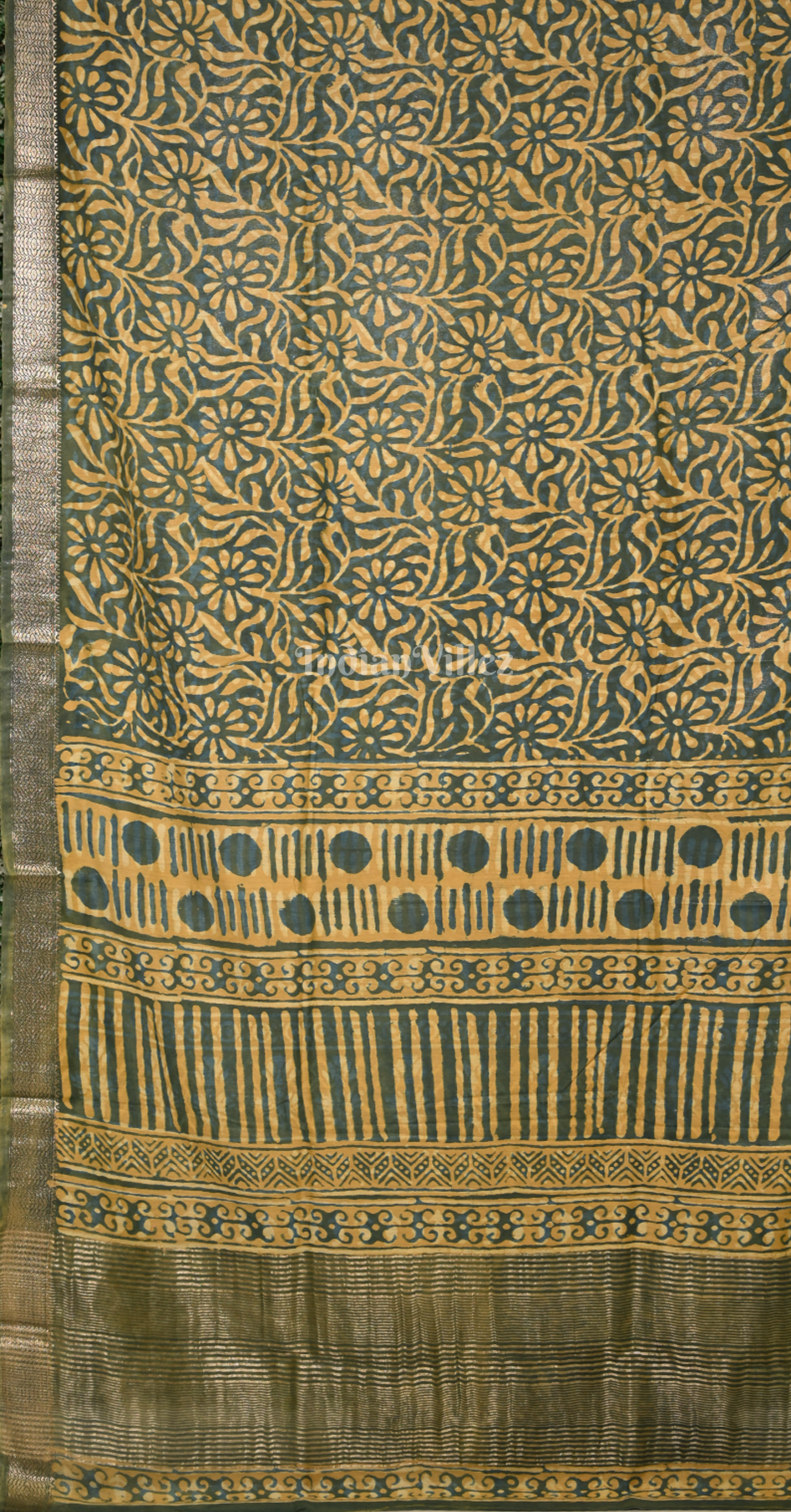 Green Block Printed Dabu Cotton Saree 