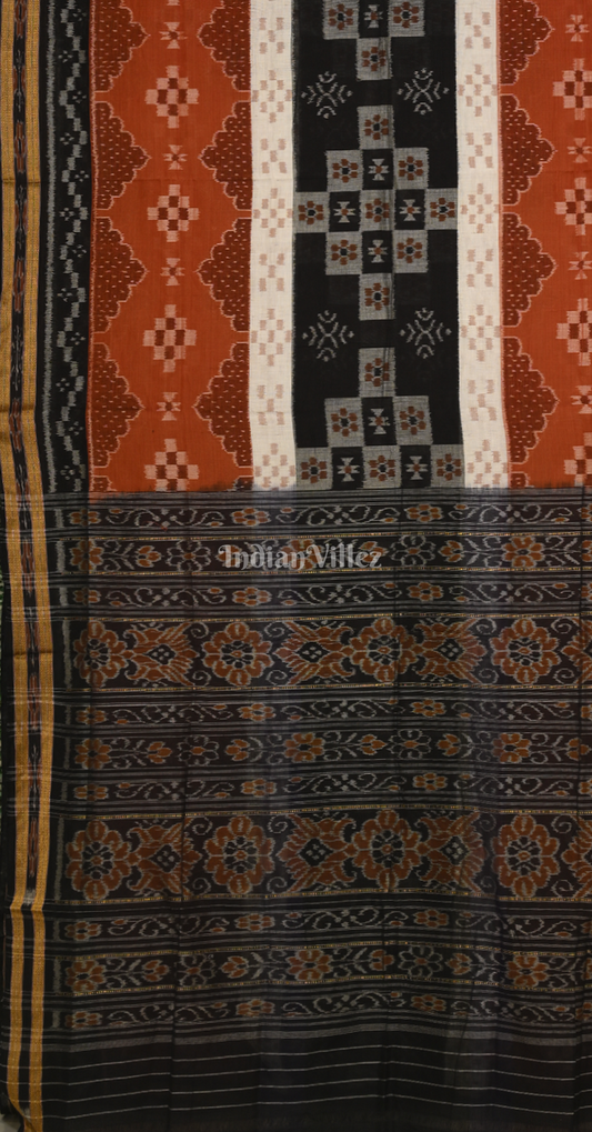 Rust Orange Black Body Pasapali Odisha Handloom Sambalpuri Ikat Cotton Saree 