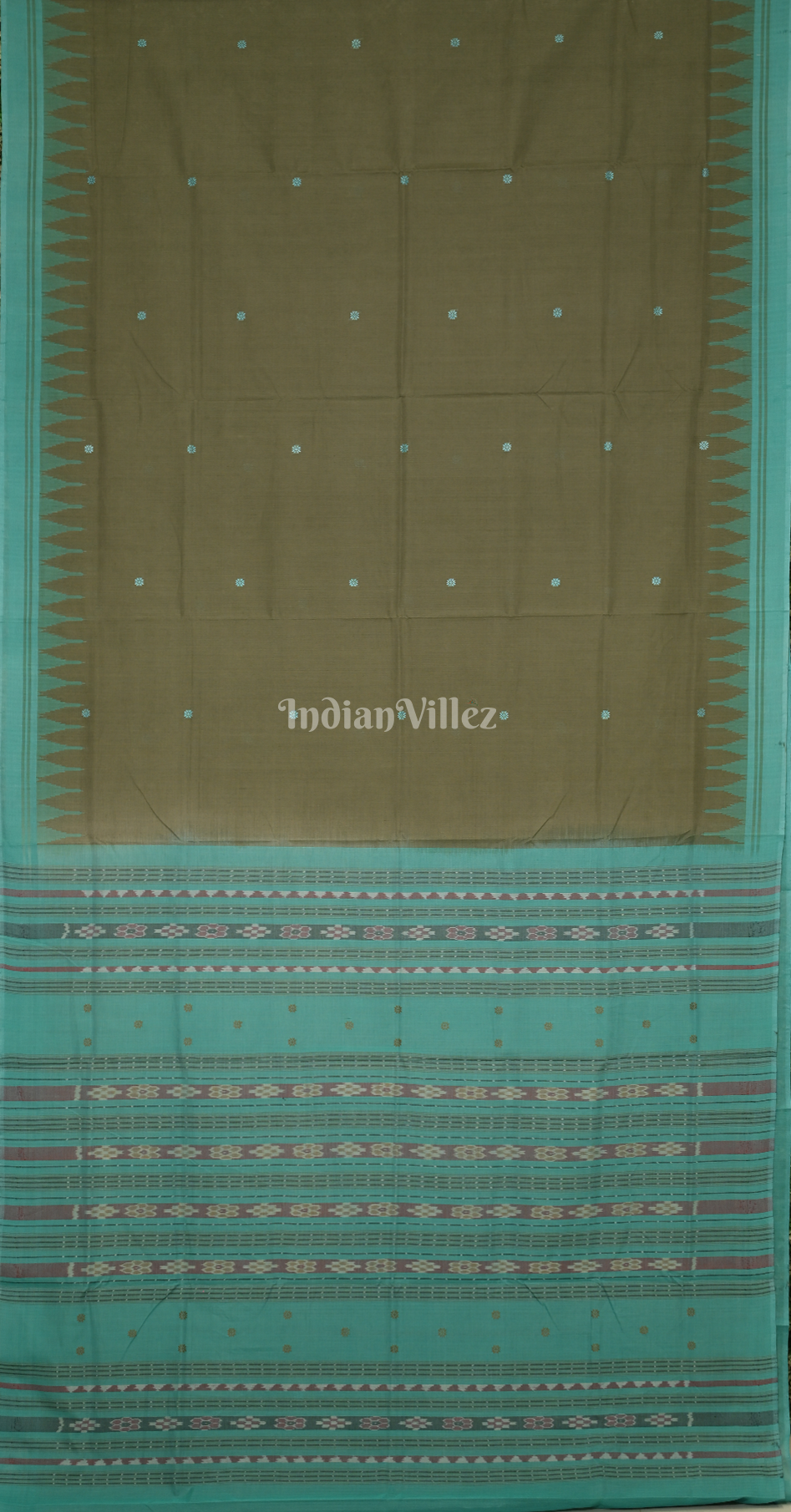 Moss Green Teal Blue Mini Buti Design Odisha Ikat Bomkai Cotton Saree