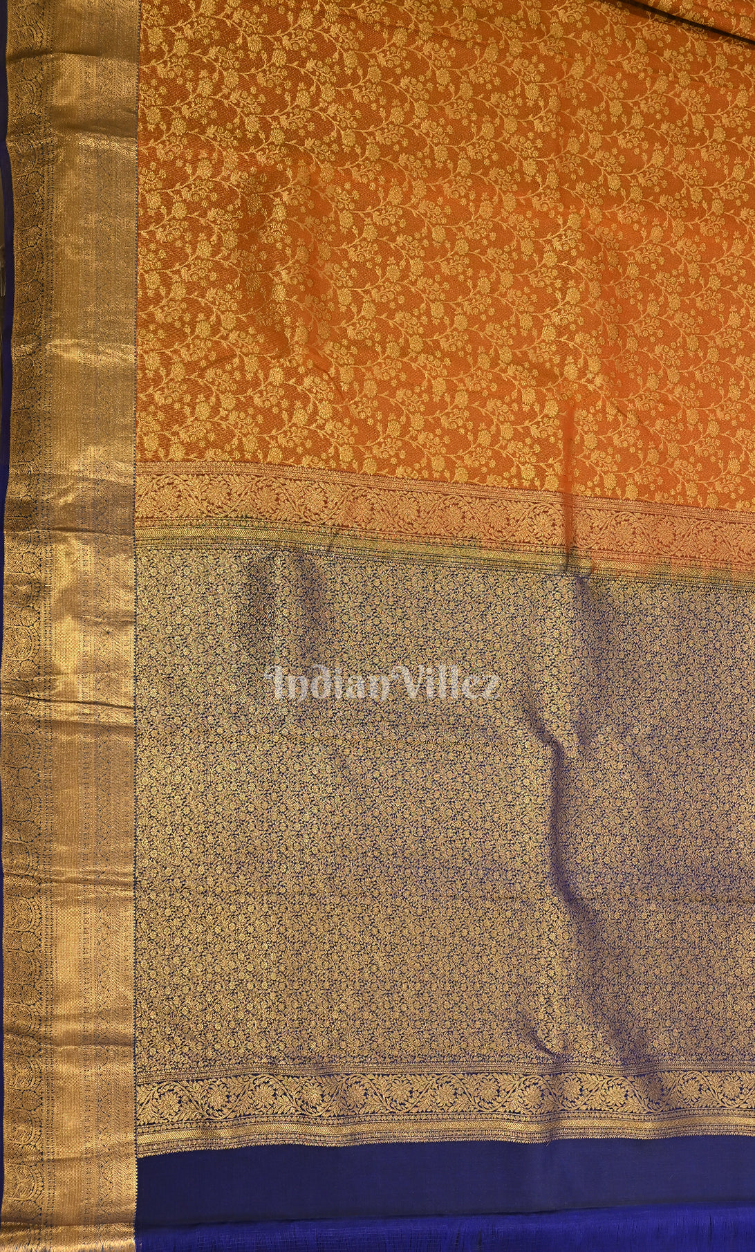 Mustard Yellow Blue Floral Brocade Pure Kanjivaram Silk Saree