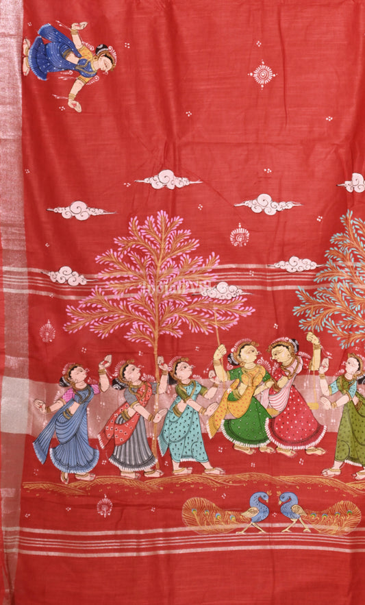 Red Raja Doli Theme Hand-Painted Pattachitra Saree