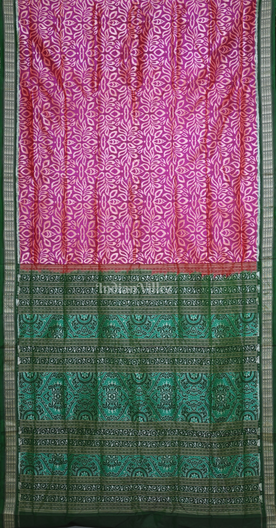Rani Pink Green Paisley Motif Odisha Ikat Sambalpuri Silk Saree 