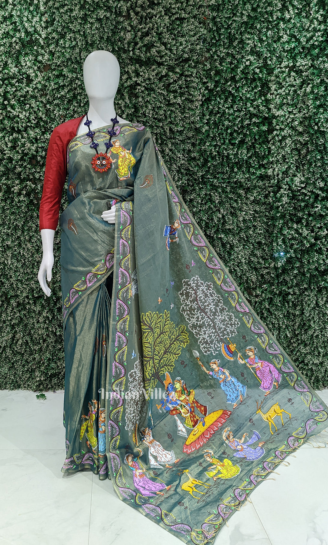 Light Blue Dual Tone Krishna Rasa Leela Hand-Painted Pattachitra Saree