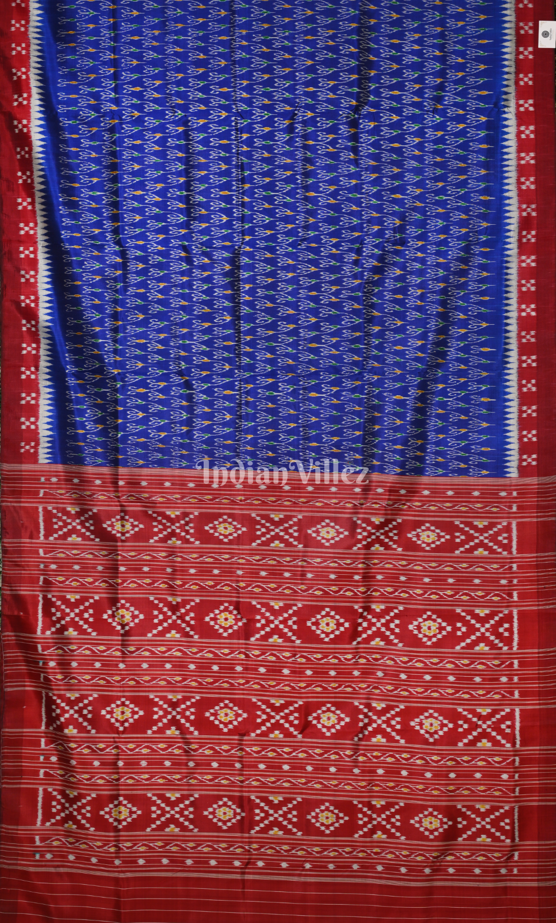 Blue Red Odisha Ikat Contemporary Designer Silk Saree with Pasapali Border