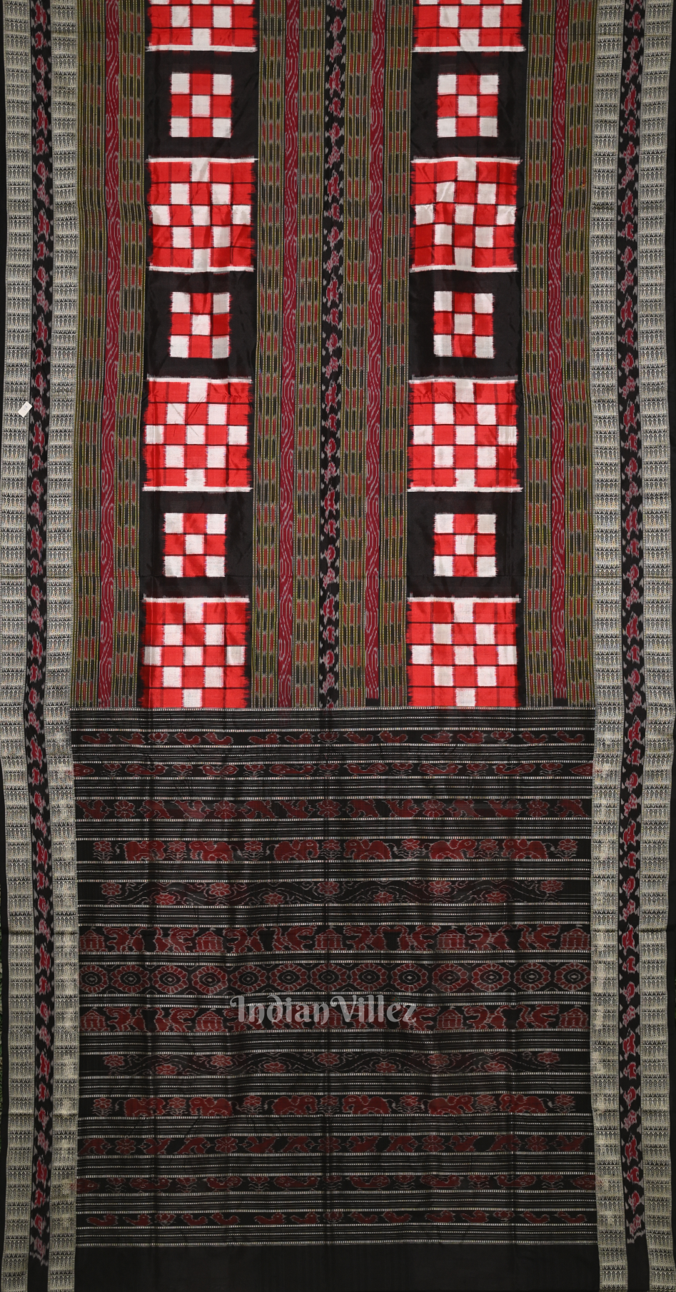 Red Black White Checks Bichitrapuri Odisha Ikat Sambalpuri Silk Saree 