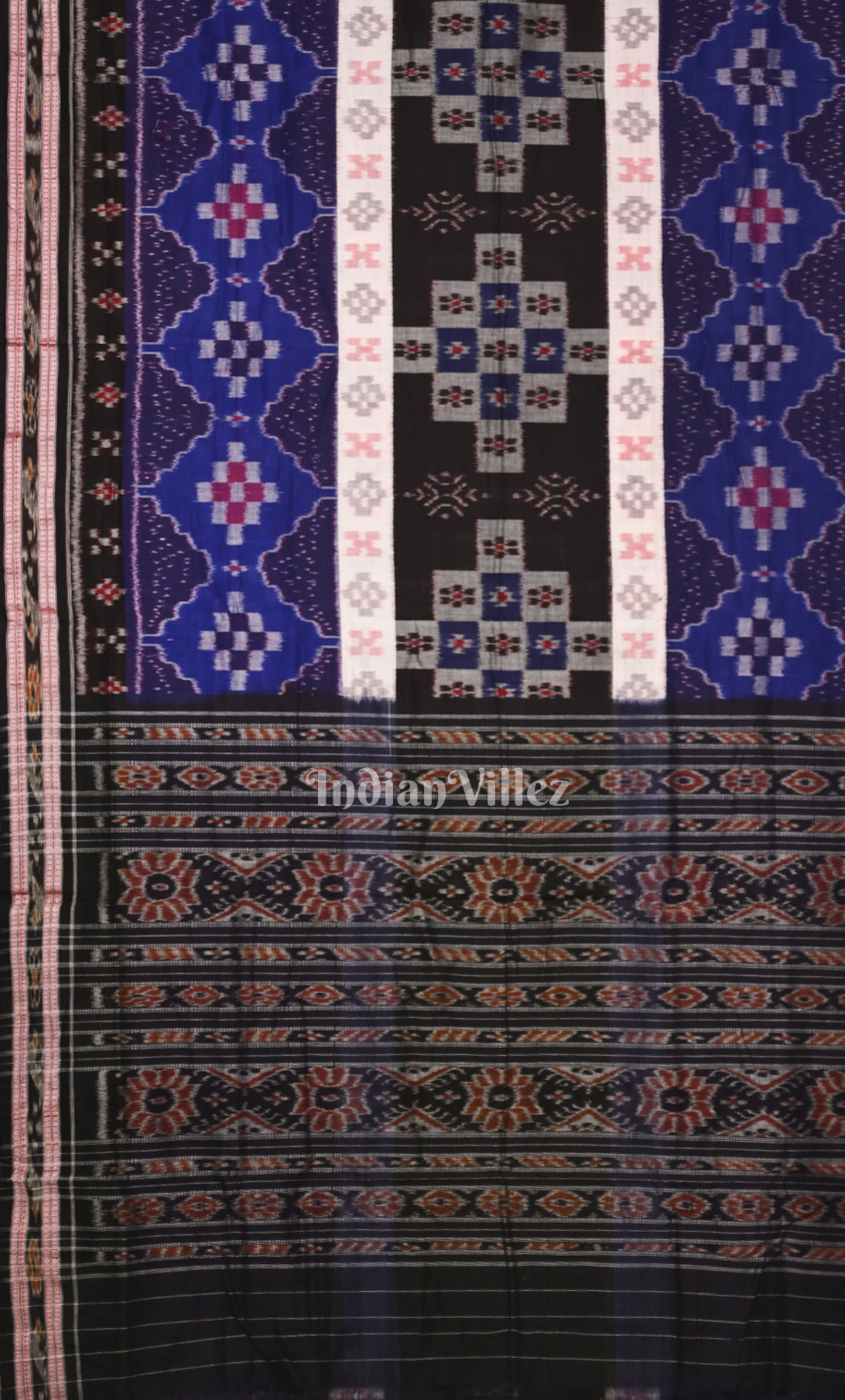 Blue Black Pasapali  Triple Layer Odisha Ikat Sambalpuri Cotton Saree 