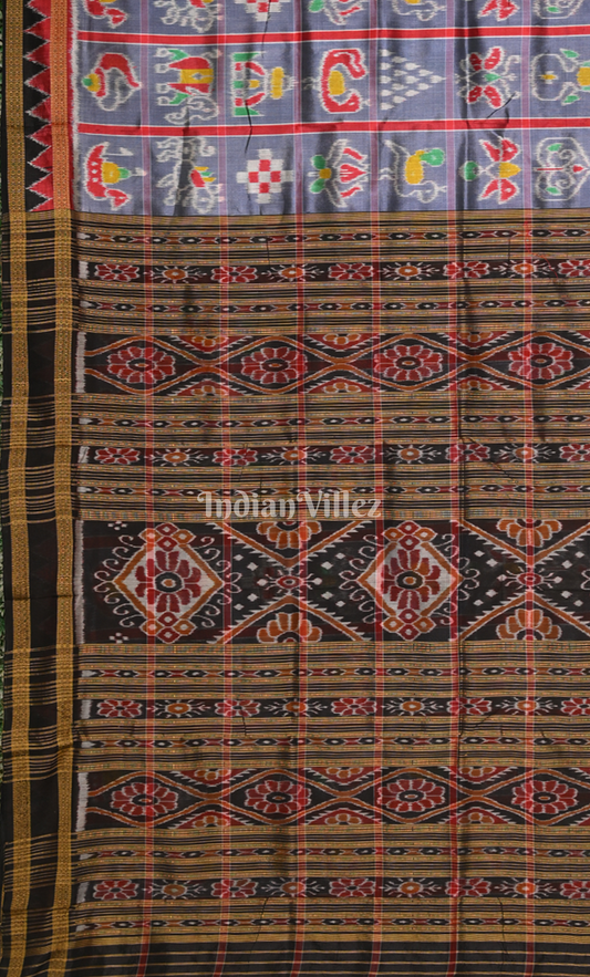 Grey Black Nabakothi Odisha Ikat Khandua Silk Saree 