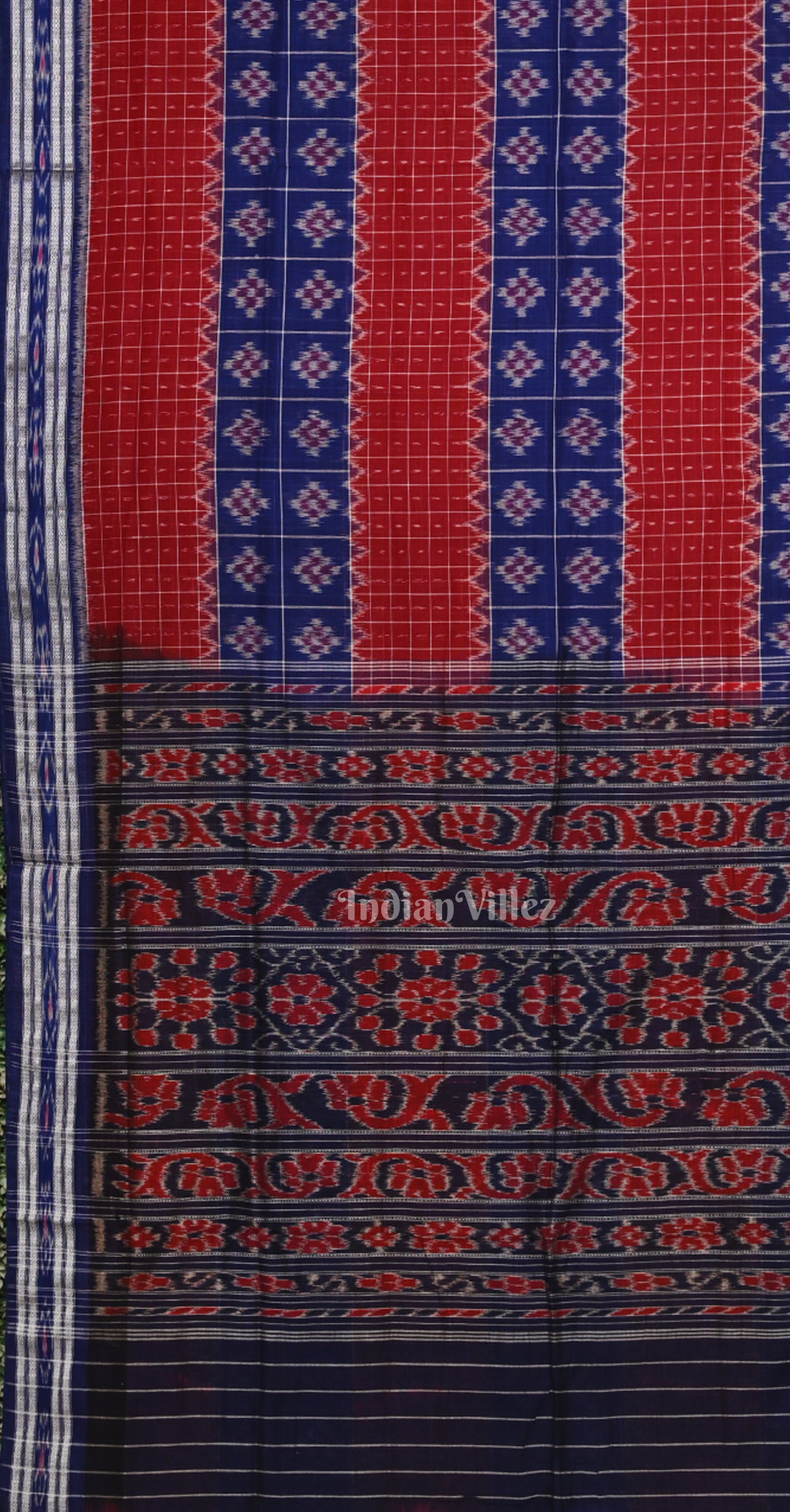 Red Checks Blue Middle Pasapali Odisha Ikat Sambalpuri Cotton Saree