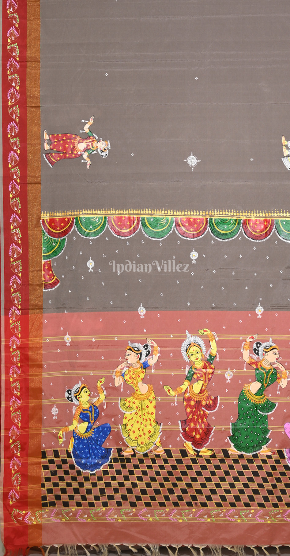 Grey Red Nartaki Theme  Hand-Painted Pattachitra Saree