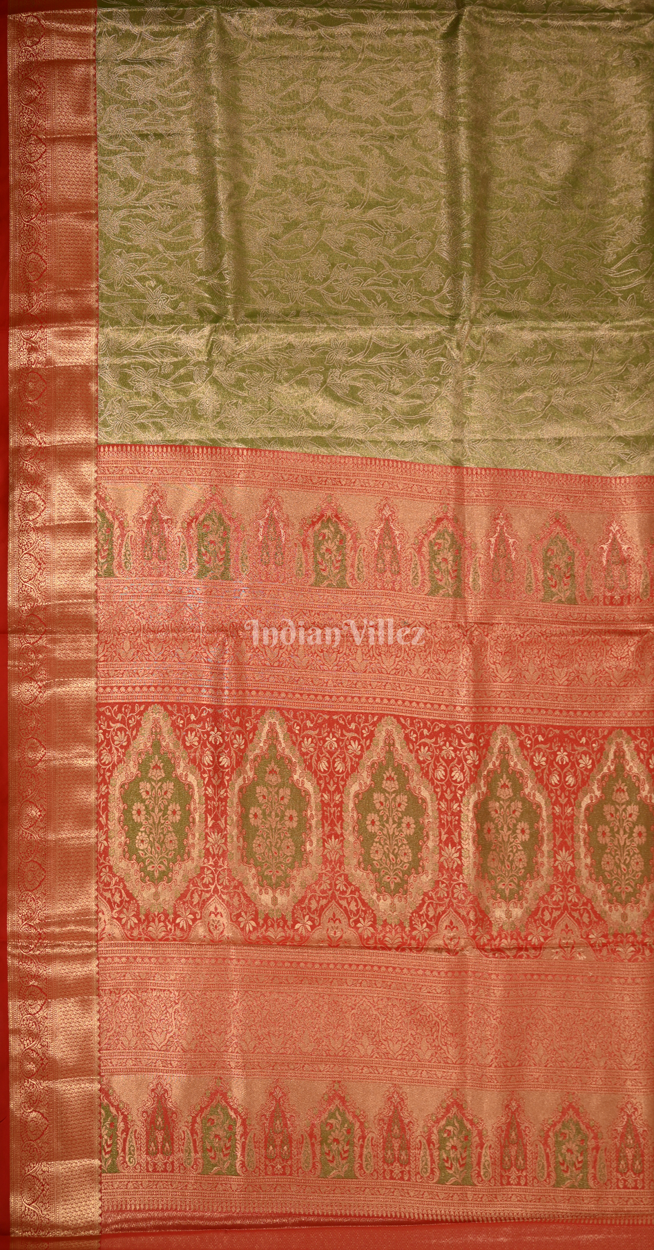 Mehendi Green Red Pure Kanjivaram Tissue Silk Saree 