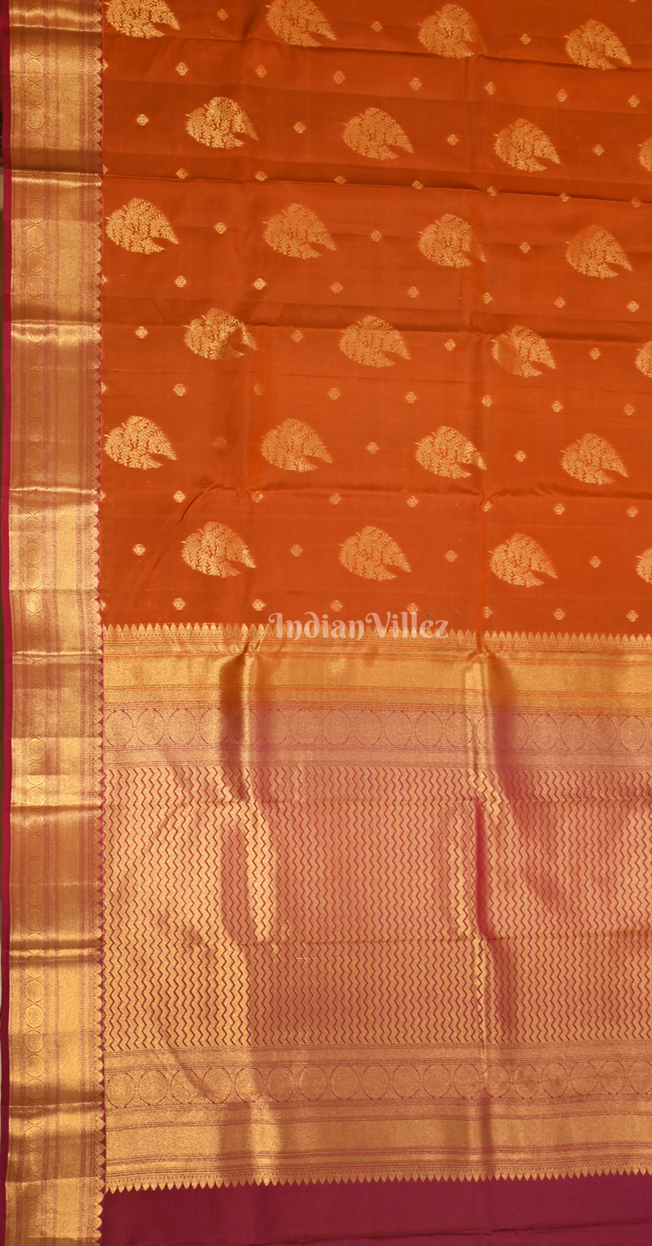 Rust Orange Maroon Leaf Motif Brocade Pure Kanjivaram Silk Saree 