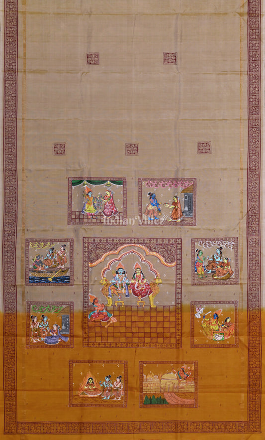 Pastel Beige Yellow Ramayan Theme Hand-Painted Pattachitra Saree 