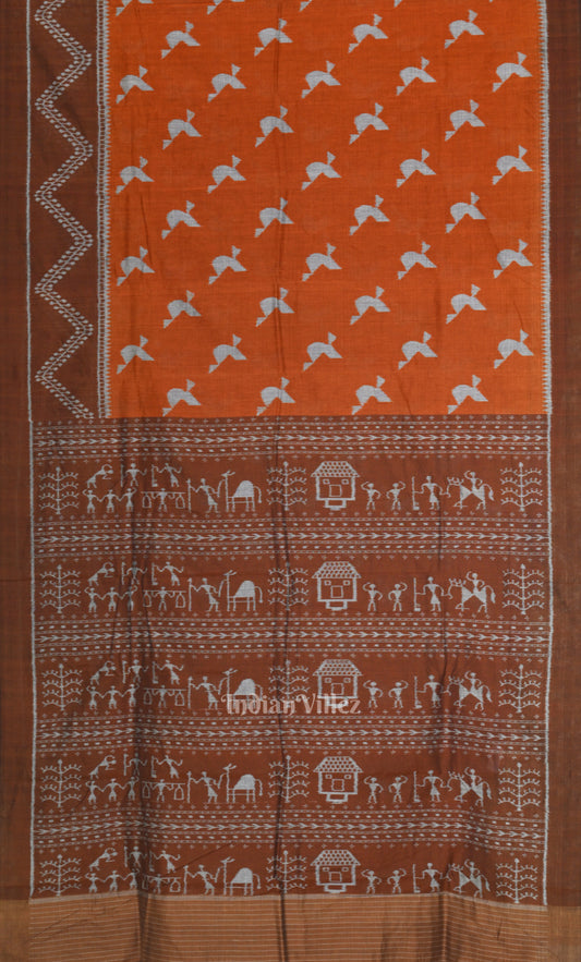 Orange Coffee Butterfly Theme Odisha Ikat Sambalpuri Cotton Saree 