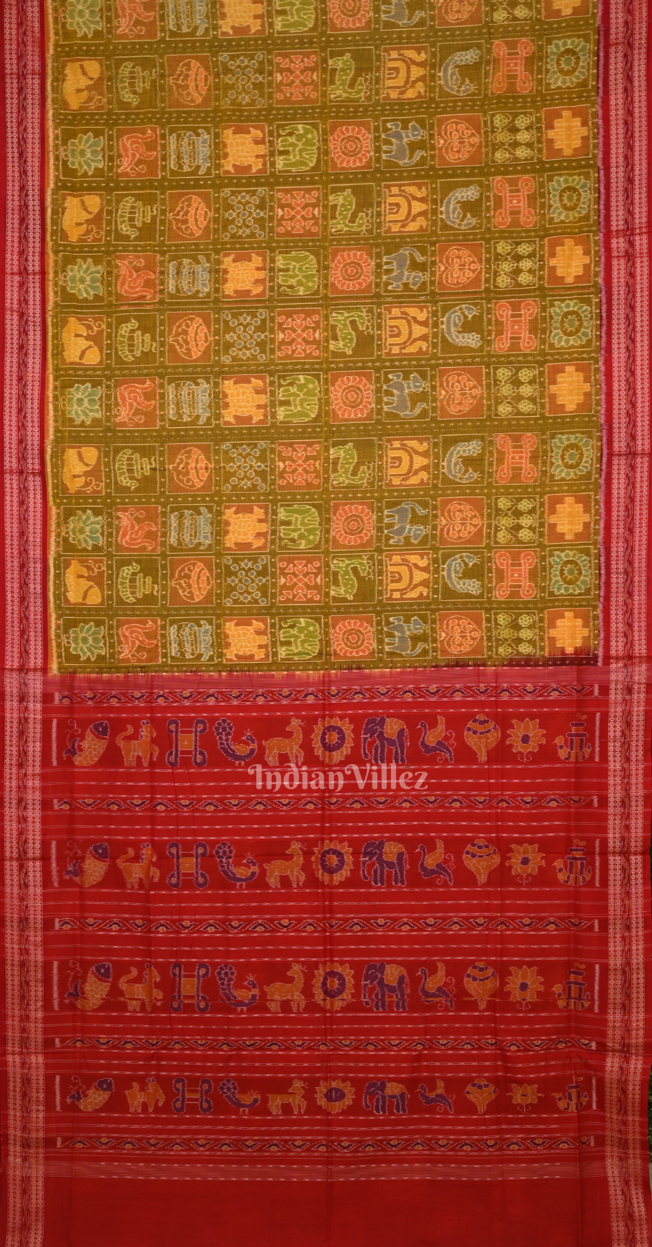 Moss Green Red Nabakothi Odisha Ikat Sambalpuri Cotton Saree 