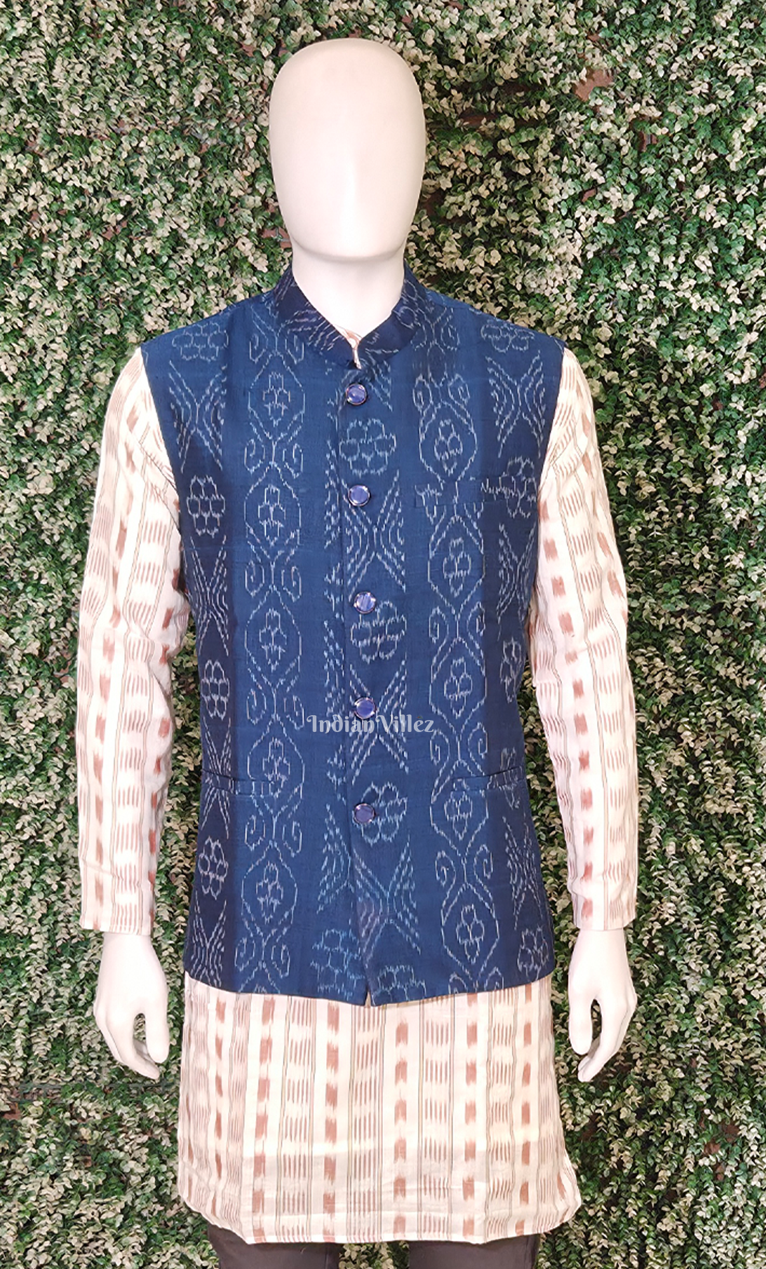 Blue Flower Motif Odisha Ikat Half Bandi Jacket for Men
