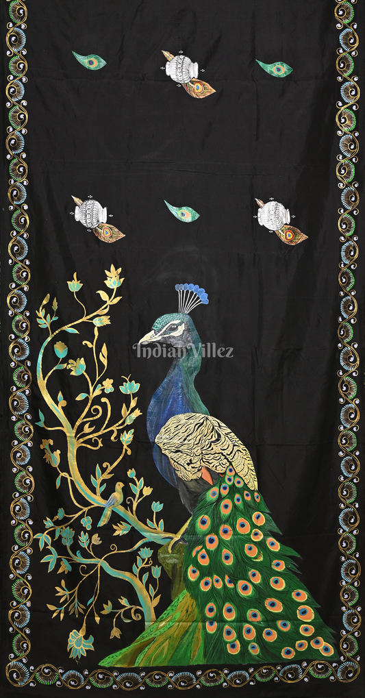 Black Peacock Theme Hand-Painted Pattachitra Saree 