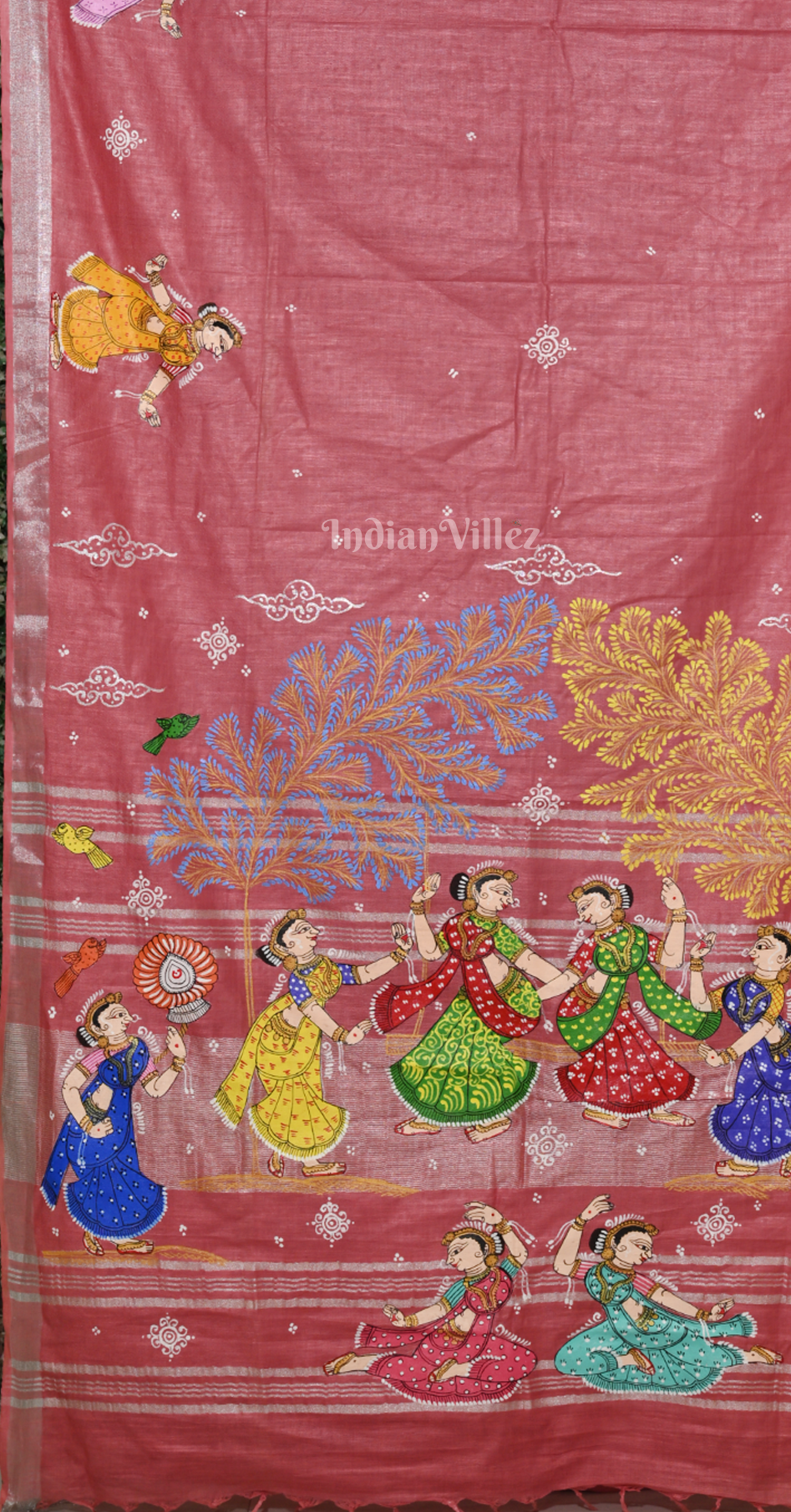 Red Raja Doli Theme  Hand-Painted Pattachitra Saree (Linen) 