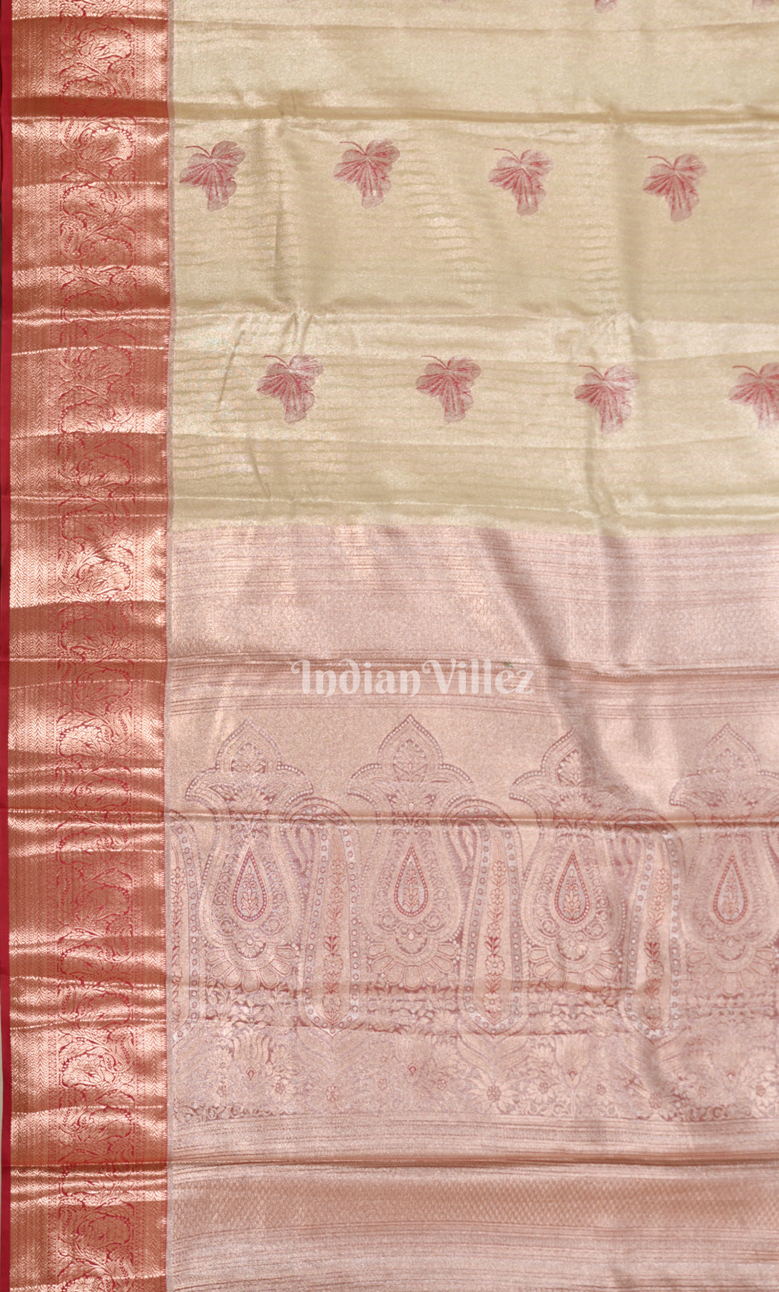 Cream Red Zari Woven Pure Kanjivaram Tissue Silk Saree