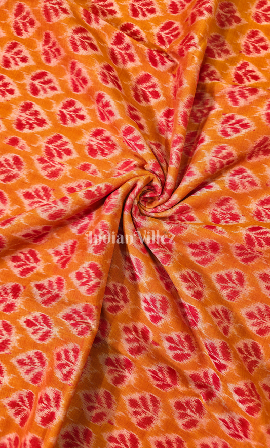 Rust Orange Red Leaf Motif Odisha Ikat  Sambalpuri Cotton Fabric 