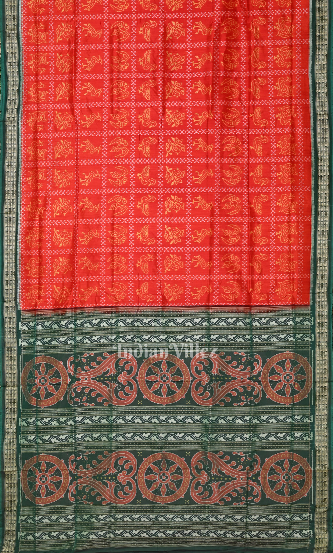 Red Green Dasakothi Odisha Ikat Sambalpuri Silk Saree