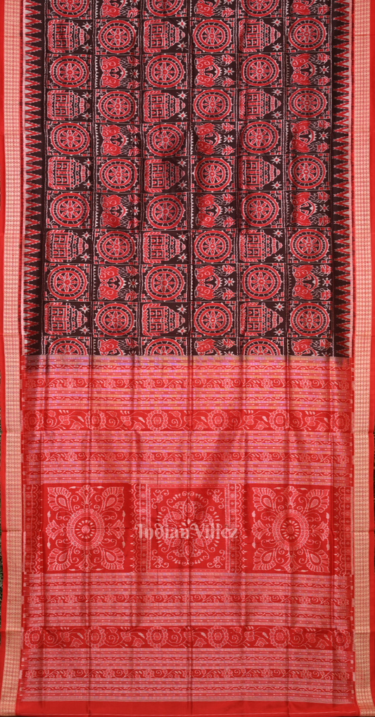 Coffee Red Konark Temple Chakra Odisha Ikat Sambalpuri Silk Saree