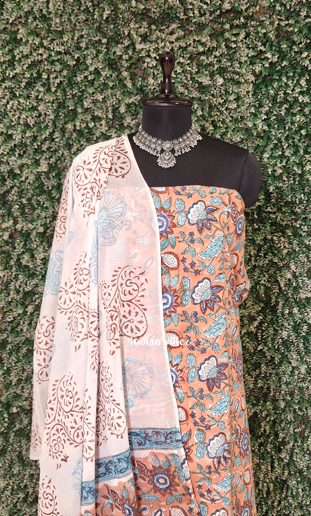 Light Orange Blue Sanganeri Block Printed Cotton Suit Sets