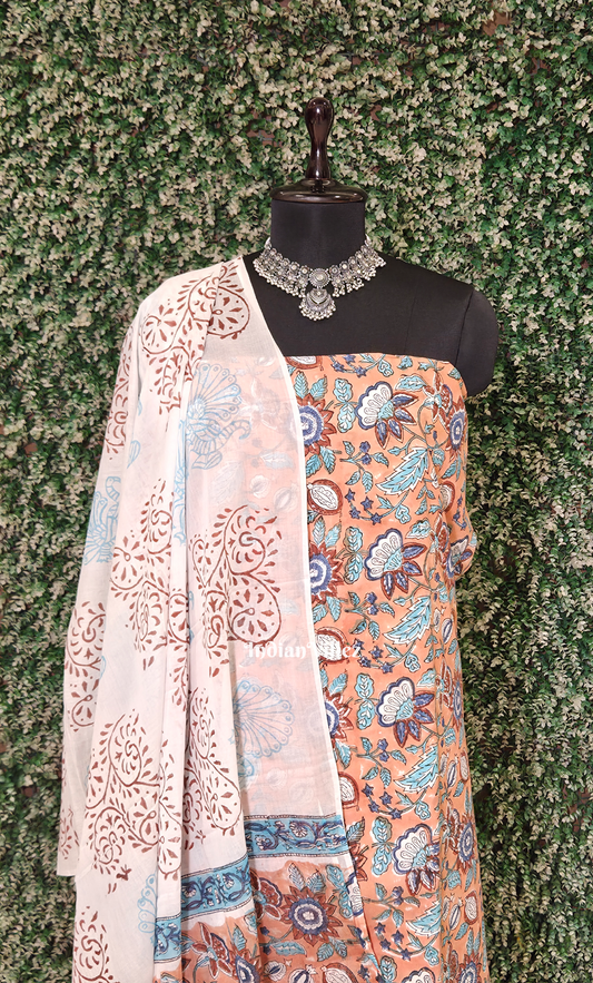 Light Orange Blue Sanganeri Block Printed Cotton Suit Sets