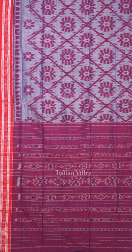 Grey Maroon Bada Phula Odisha Ikat Maniabandha Cotton Saree 