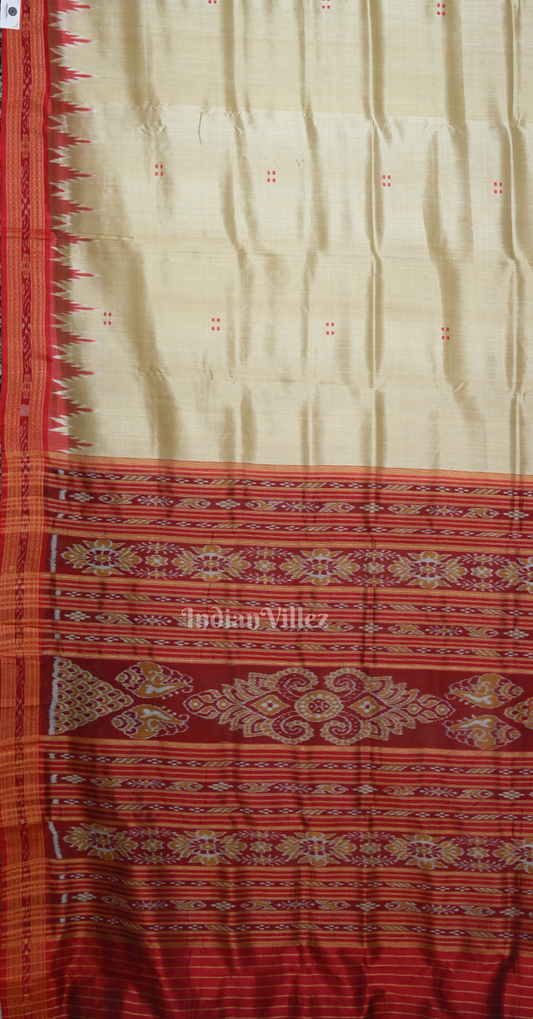Cream Maroon Butta Design Odisha Ikat Khandua Silk Saree 