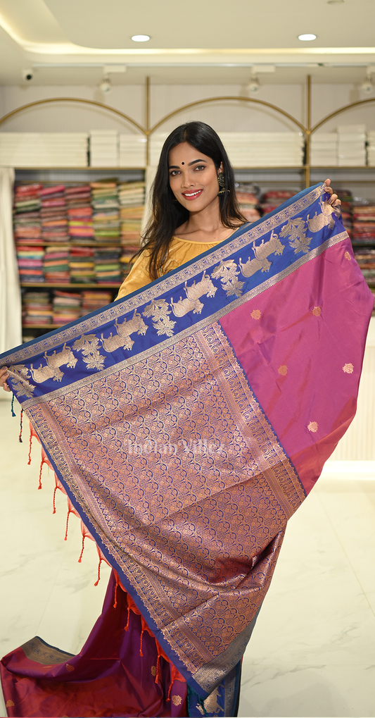 Magenta Pink Blue Pichwai Satin Silk Banarasi Saree