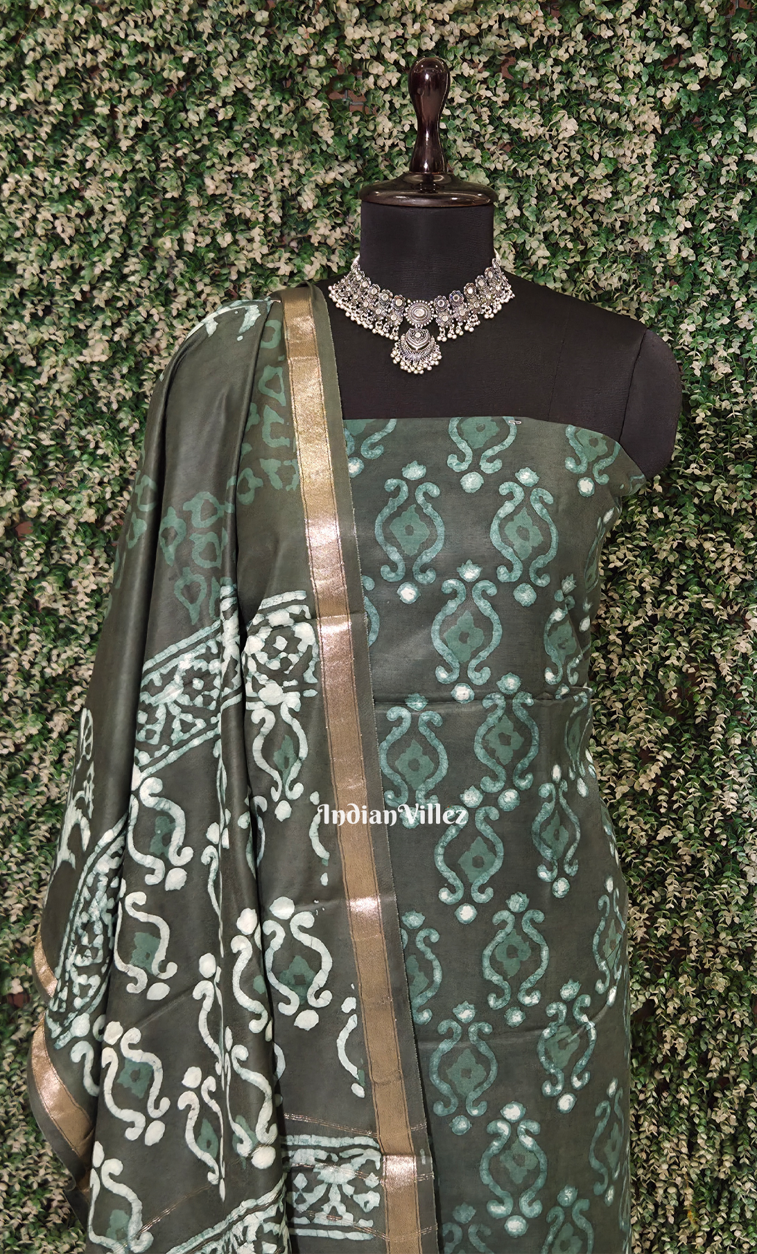 Bottle Green Bagru Crepe Block Printed Silk Suit Sets