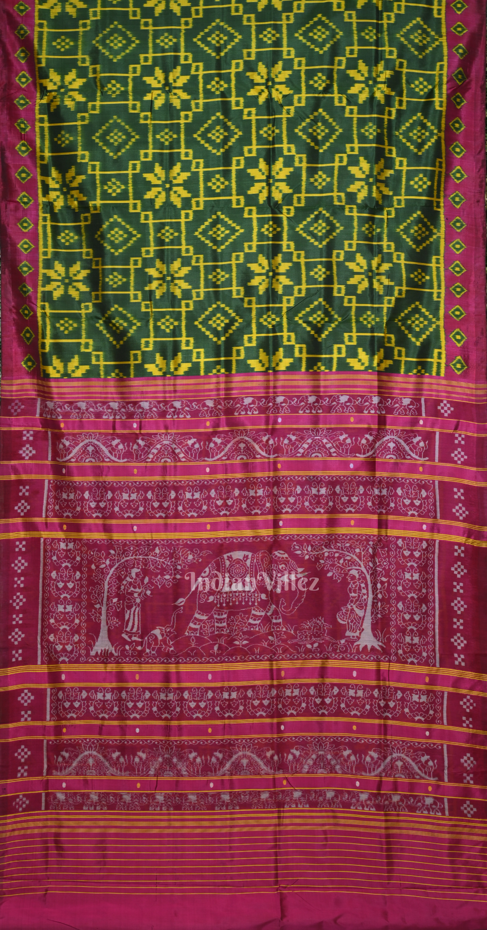 Green Magenta Pink Telia Rumal Contemporary Designer Saree with Elephant Anchal 