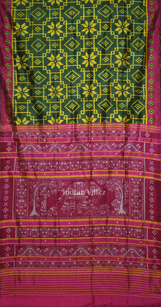 Green Magenta Pink Telia Rumal Contemporary Designer Saree with Elephant Anchal 