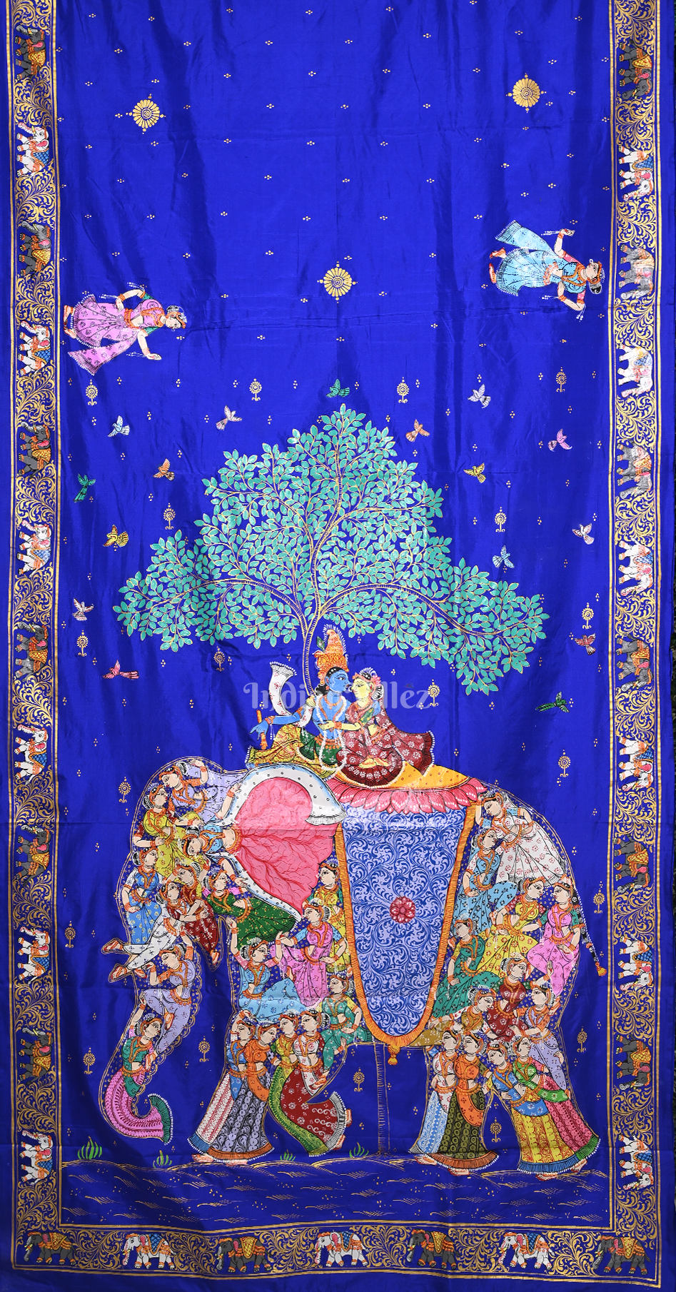 Deep Blue Kandarpa Hati (Elephant) Hand-Painted Pattachitra Saree 