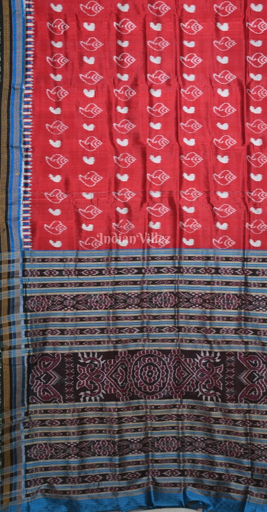 Maroon Blue  Sankha Motif Odisha Ikat Khandua Silk Saree 